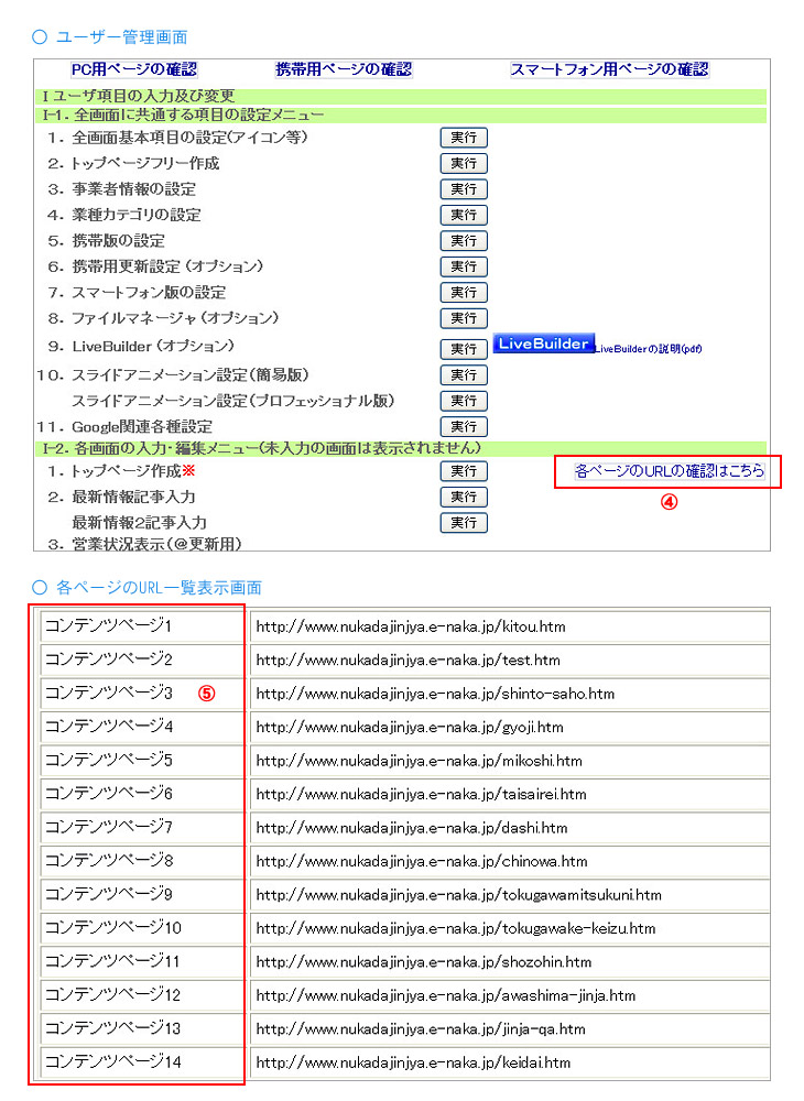 ユーザー管理画面と各ページのURL一覧表示画面